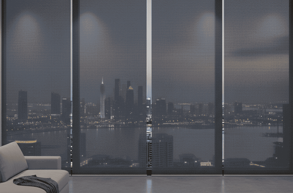 Modern blackout blinds in a high-rise Doha apartment, offering city skyline views at dusk and promoting Doha Curtain Shop.