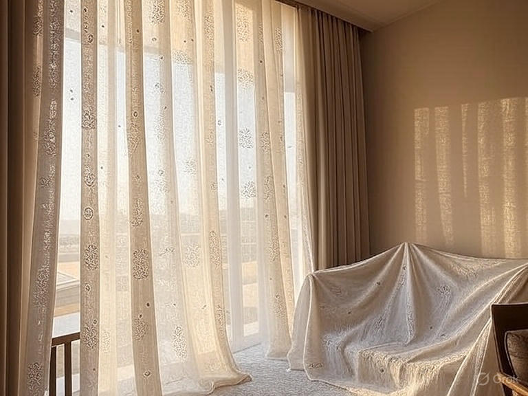 Ring-top sheer eyelet drapes in a bright living room in The Pearl Qatar Ring-top sheer eyelet drapes in a bright living room in The Pearl Qatar